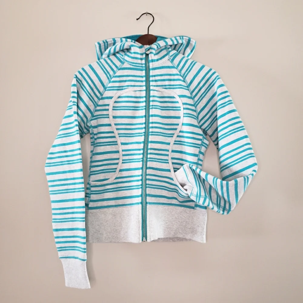 Lululemon – Striped Zip Up Hoodie Teal & Gray Patterned Sweater Thick Bu… - Picture 1 of 6